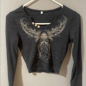 Charcoal Graphic Y2k Long-Sleeve Crop Top with Button Detail